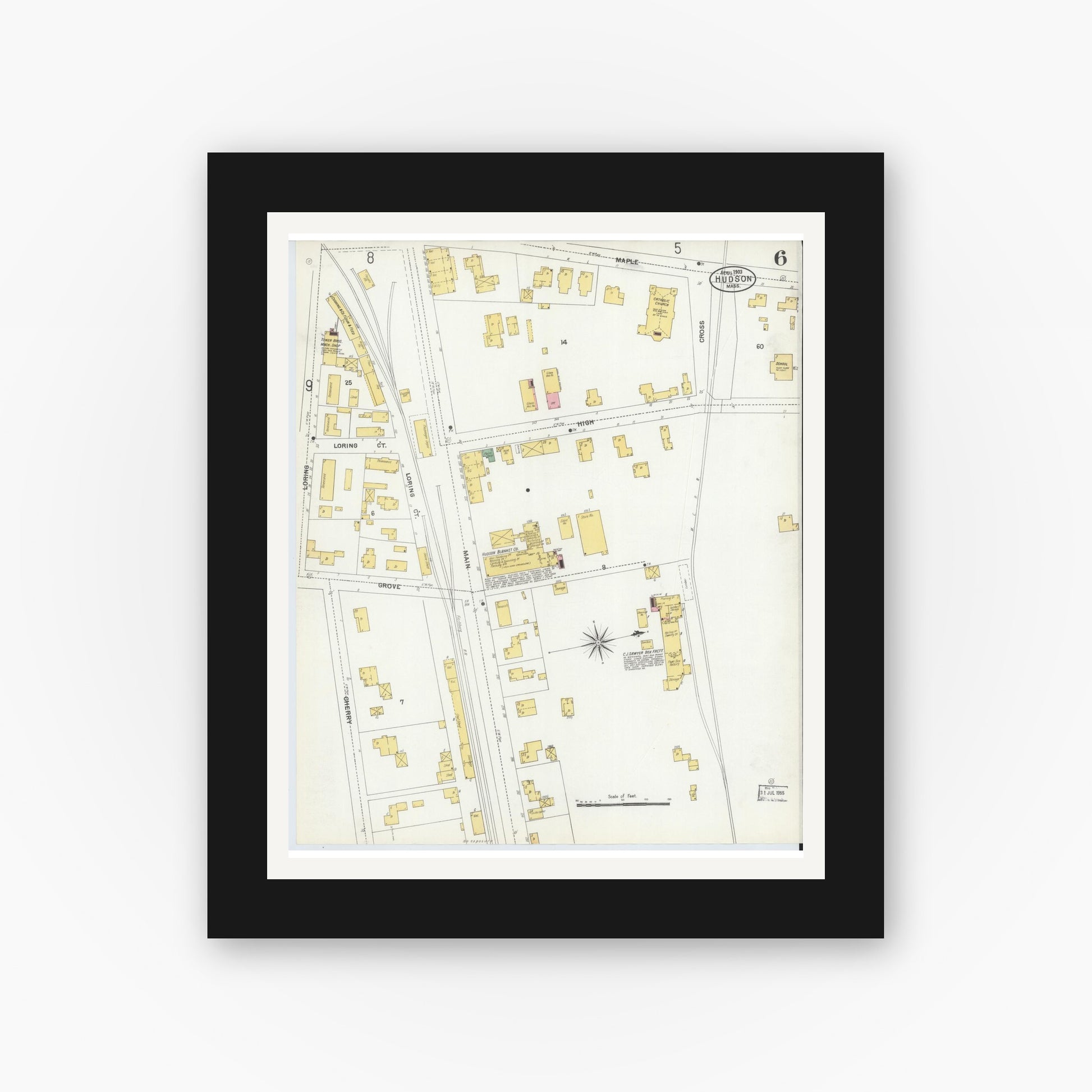 Old map wall art mockup — black gallery frame with white mat — Sanborn Fire Insurance Map from Hudson, Middlesex County, Massachusetts (1903), Sheet #0006