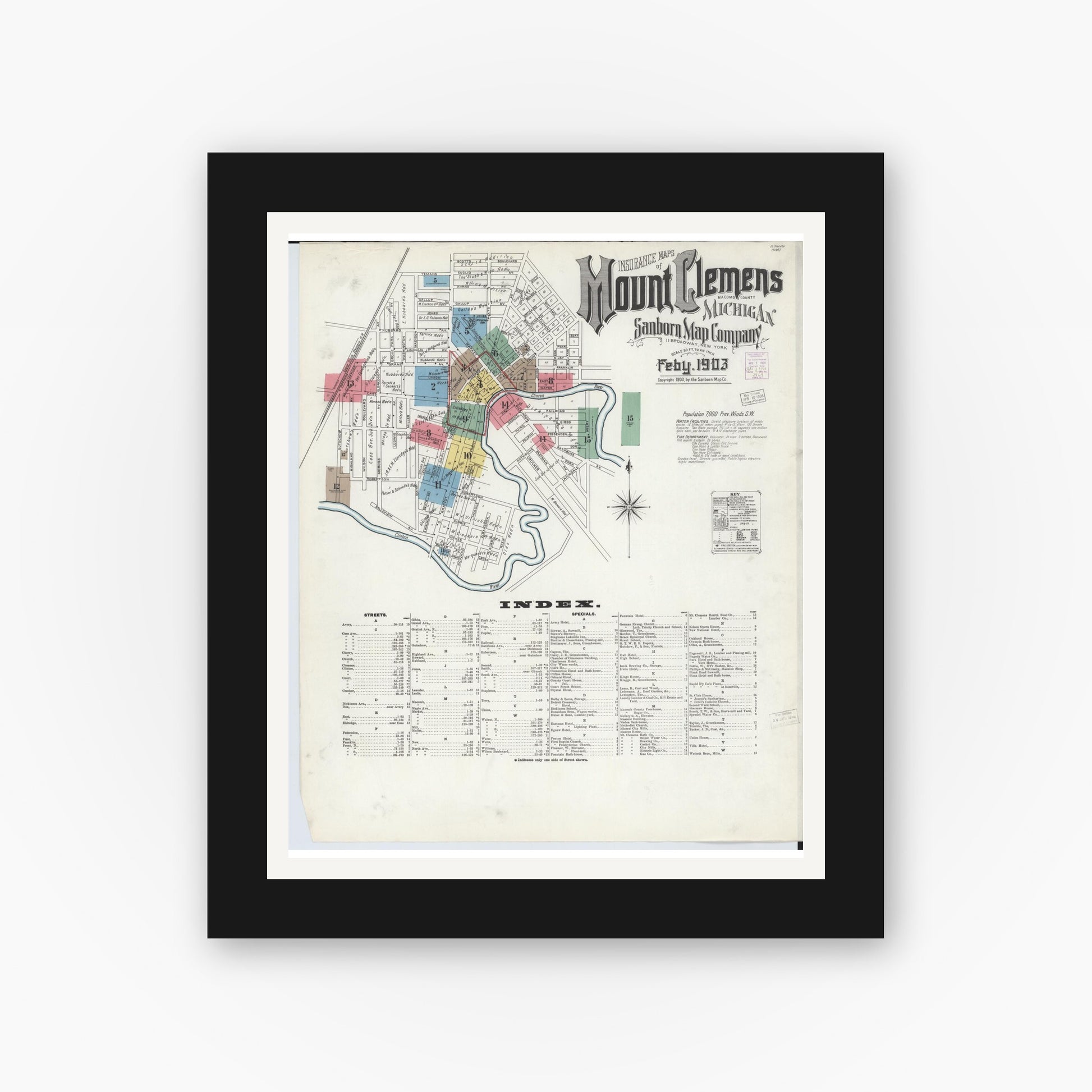 Old map wall art mockup — black gallery frame with white mat — Sanborn Fire Insurance Map from Mount Clemens, Macomb County, Michigan (1903), Sheet #0001