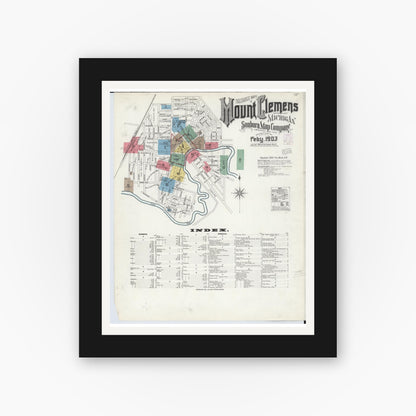 Old map wall art mockup — black gallery frame with white mat — Sanborn Fire Insurance Map from Mount Clemens, Macomb County, Michigan (1903), Sheet #0001