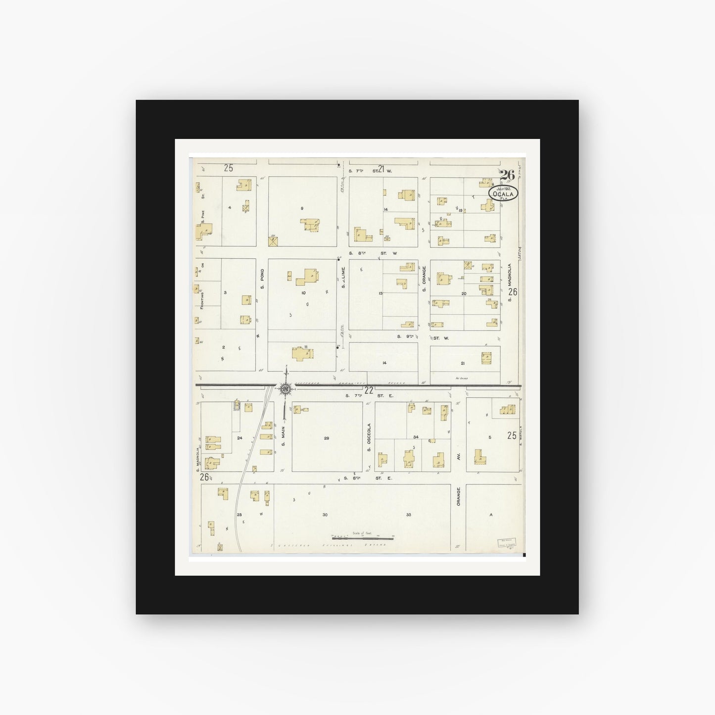 Old map wall art mockup — black gallery frame with white mat — Sanborn Fire Insurance Map from Ocala, Marion County, Florida (1912), Sheet #0026