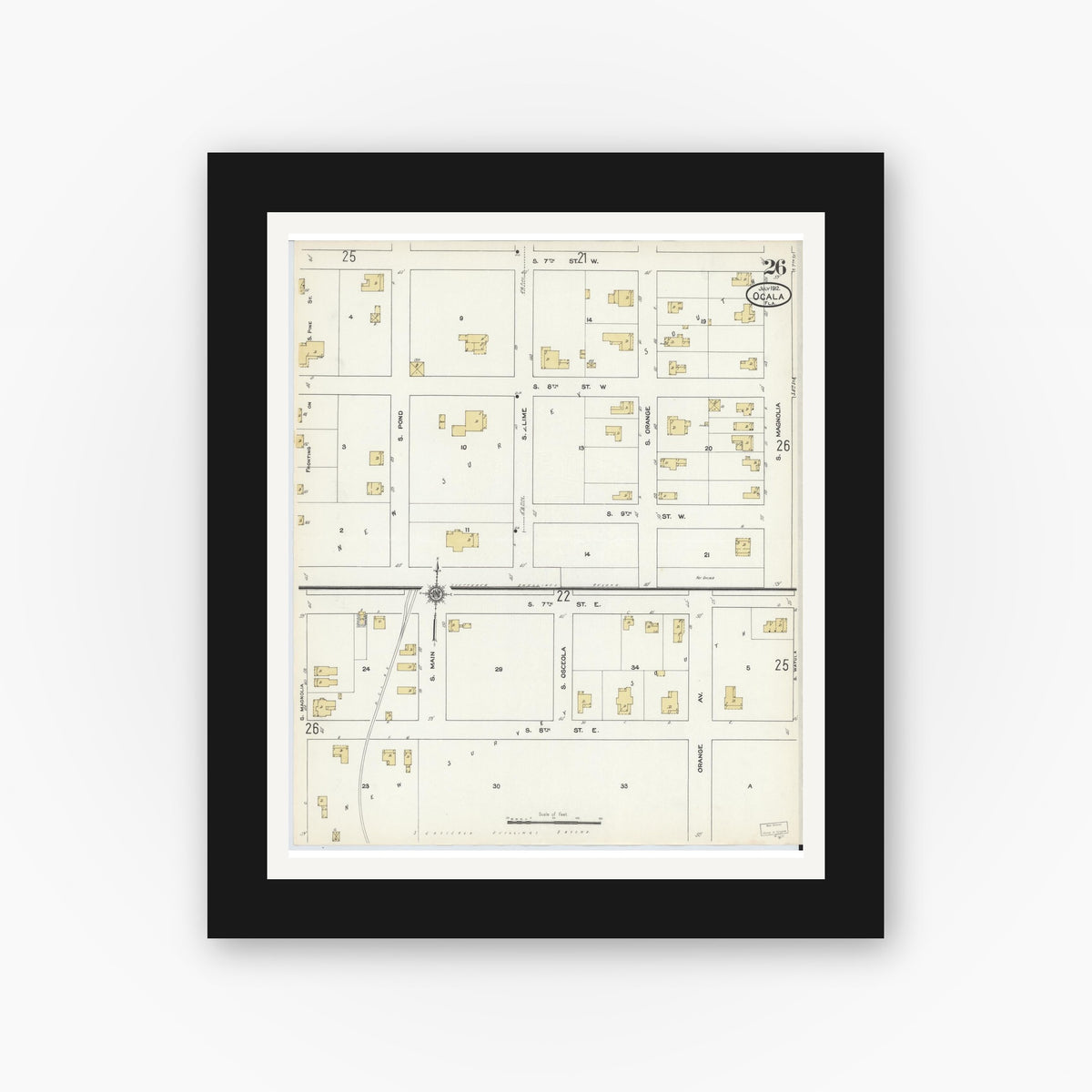 Old map wall art mockup — black gallery frame with white mat — Sanborn Fire Insurance Map from Ocala, Marion County, Florida (1912), Sheet #0026