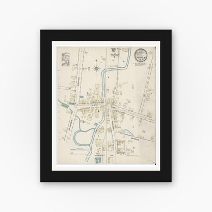 Old map wall art mockup — black gallery frame with white mat — Sanborn Fire Insurance Map from Petrola, Butler County, Pennsylvania (1886), Sheet #0001