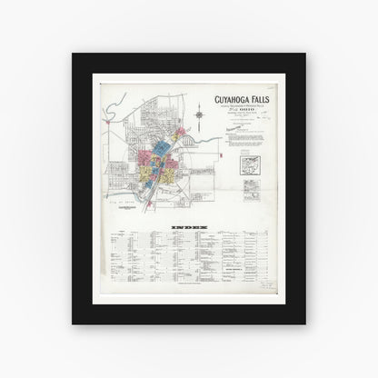 Old map wall art mockup — black gallery frame with white mat — Sanborn Fire Insurance Map from Cuyahoga Falls, Summit County, Ohio (1927) - Complete Map Set