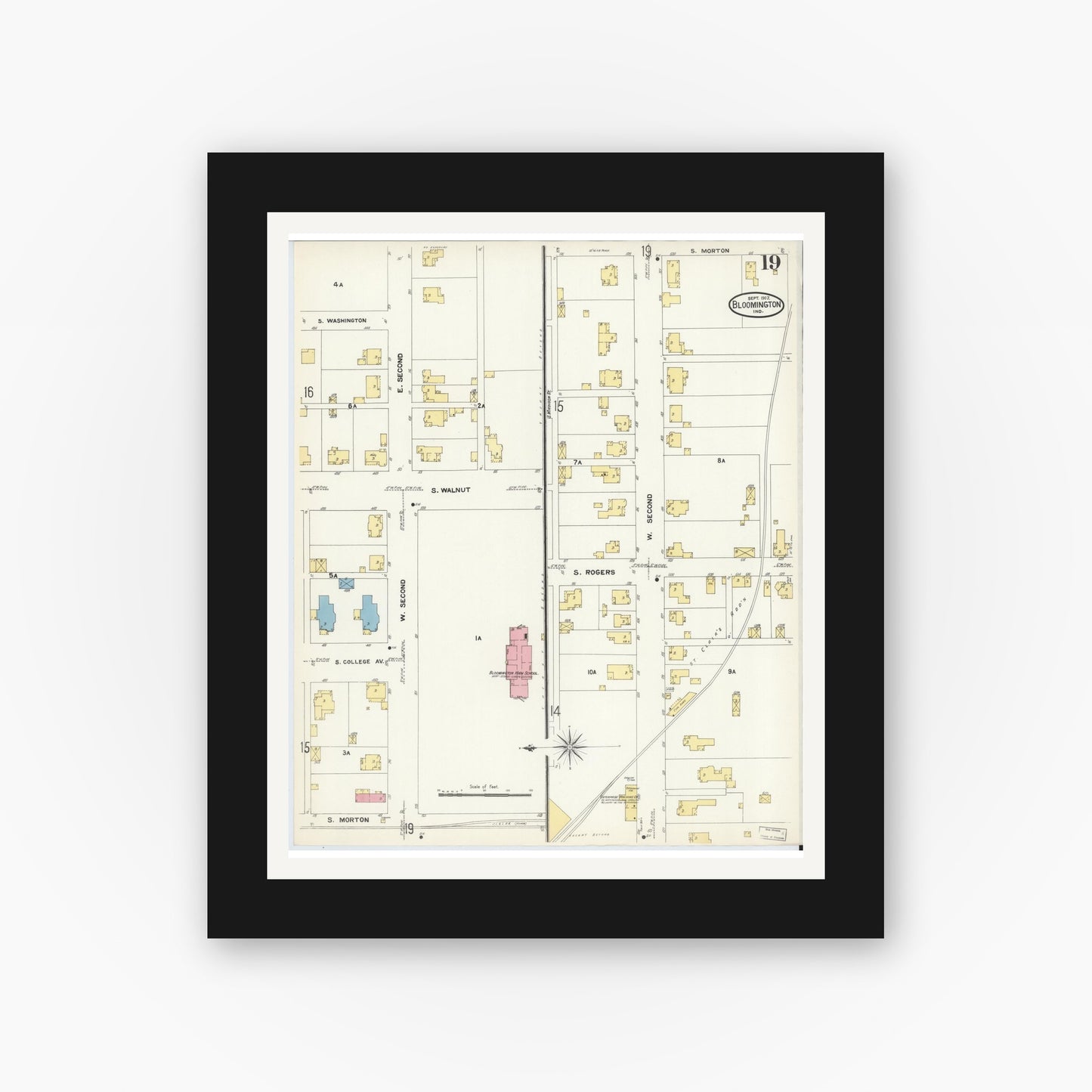 Old map wall art mockup — black gallery frame with white mat — Sanborn Fire Insurance Map from Bloomington, Monroe County, Indiana (1907), Sheet #0019