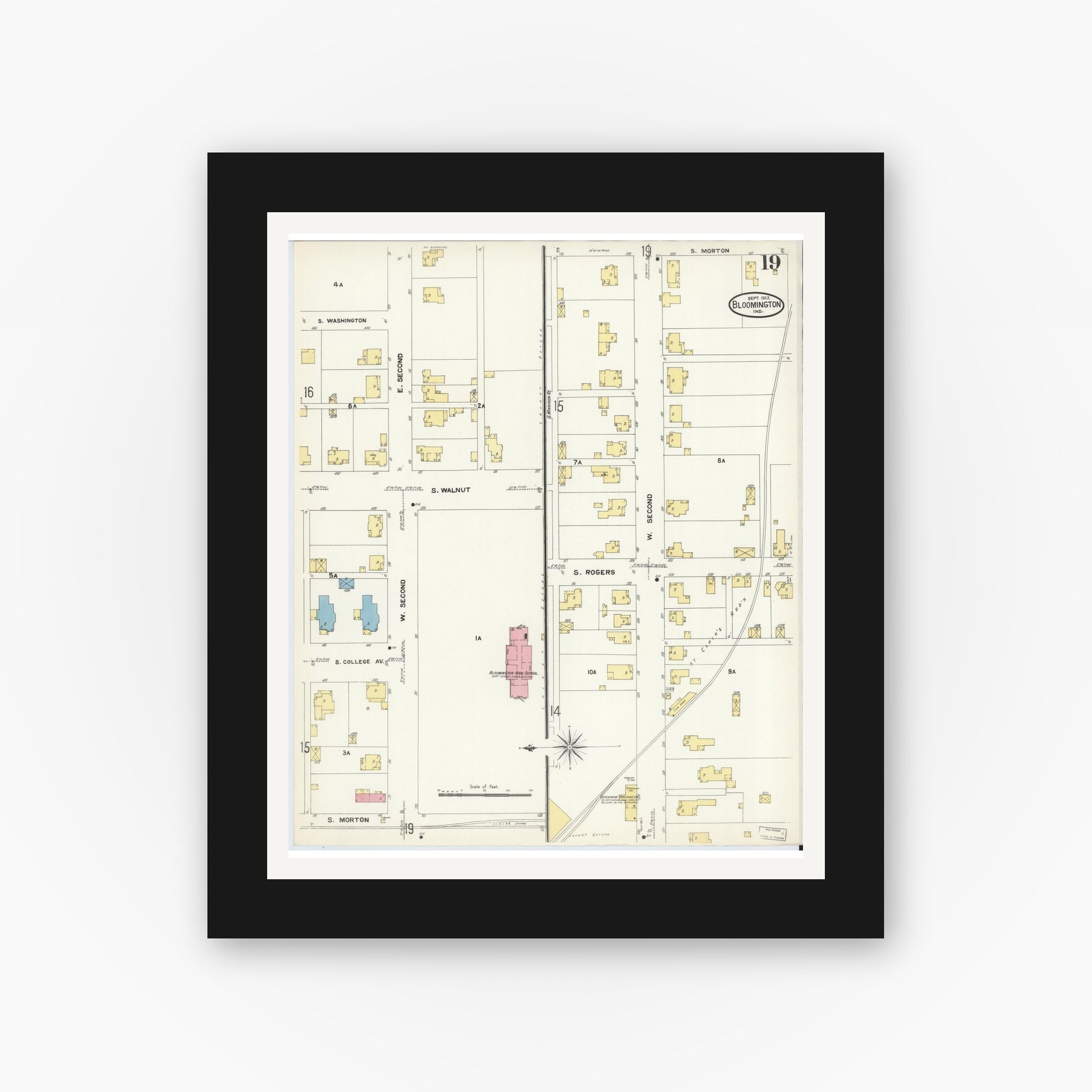 Old map wall art mockup — black gallery frame with white mat — Sanborn Fire Insurance Map from Bloomington, Monroe County, Indiana (1907), Sheet #0019
