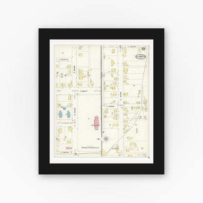 Old map wall art mockup — black gallery frame with white mat — Sanborn Fire Insurance Map from Bloomington, Monroe County, Indiana (1907), Sheet #0019