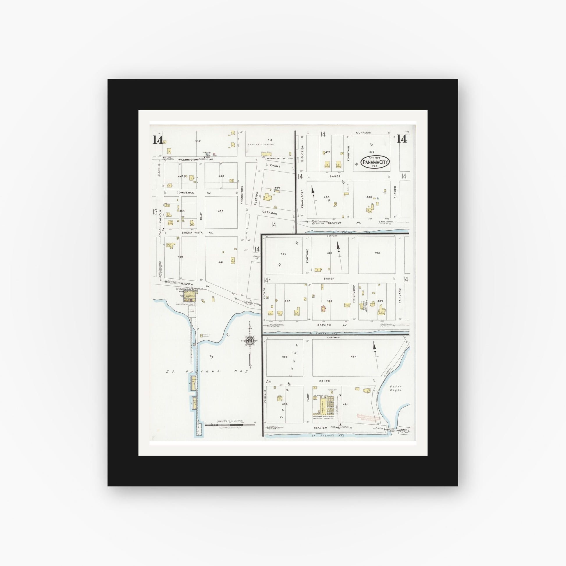 Old map wall art mockup — black gallery frame with white mat — Sanborn Fire Insurance Map from Panama City, Bay County, Florida (1927), Sheet #0014