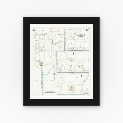 Old map wall art mockup — black gallery frame with white mat — Sanborn Fire Insurance Map from Panama City, Bay County, Florida (1927), Sheet #0014