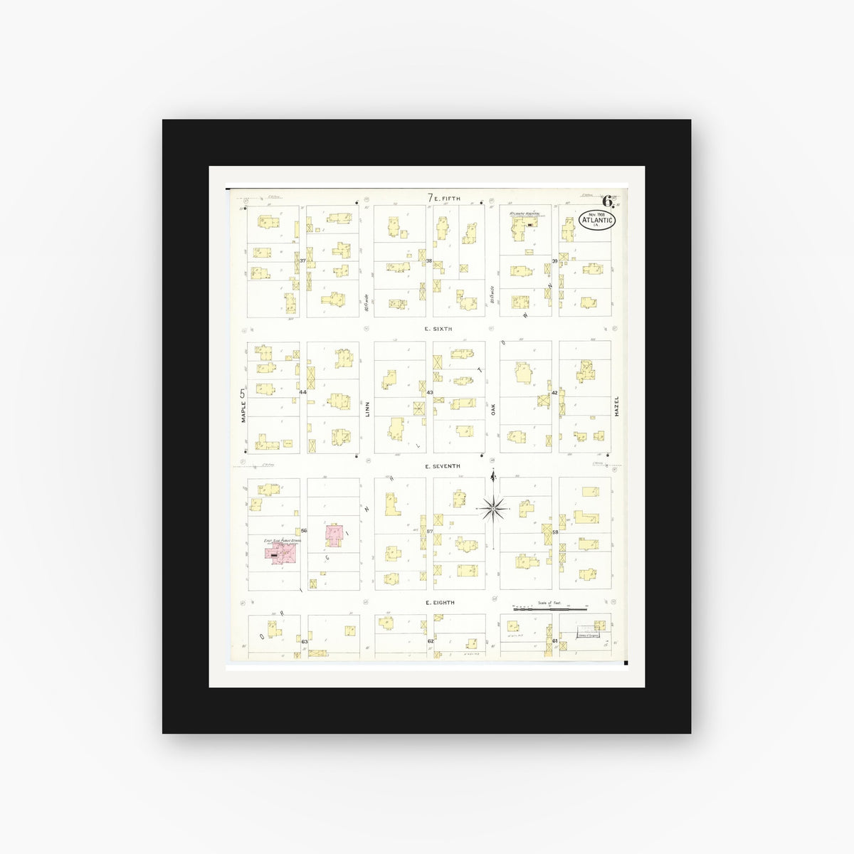 Old map wall art mockup — black gallery frame with white mat — Sanborn Fire Insurance Map from Atlantic, Cass County, Iowa (1908), Sheet #0006