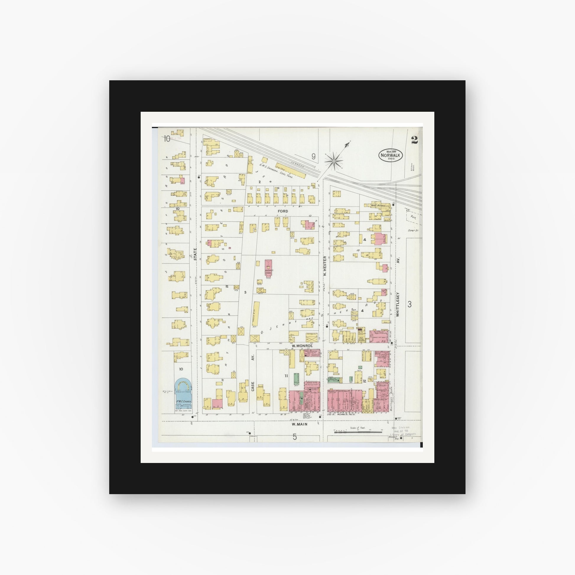 Old map wall art mockup — black gallery frame with white mat — Sanborn Fire Insurance Map from Norwalk, Huron County, Ohio (1899), Sheet #0002