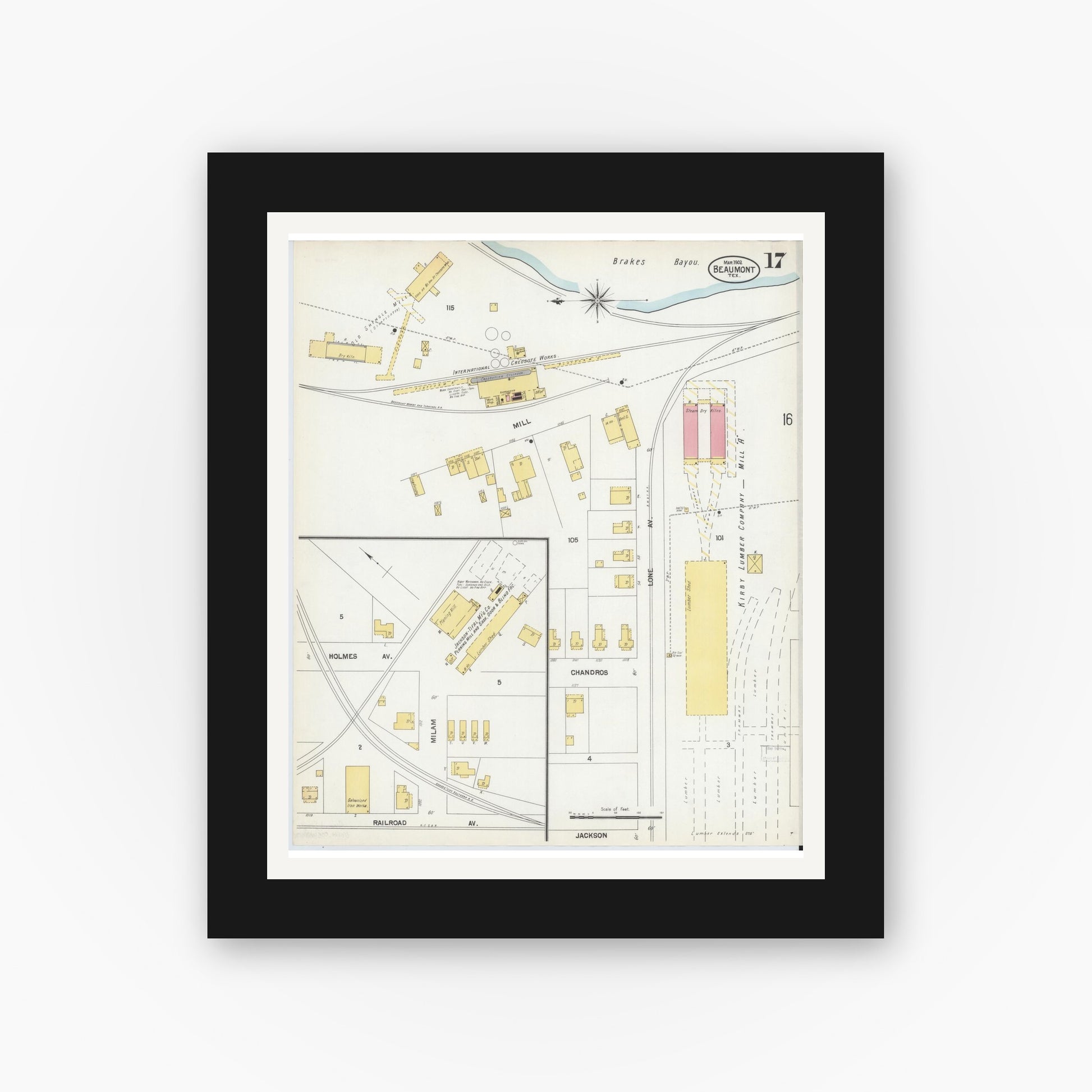 Old map wall art mockup — black gallery frame with white mat — Sanborn Fire Insurance Map from Beaumont, Jefferson County, Texas (1902), Sheet #0017