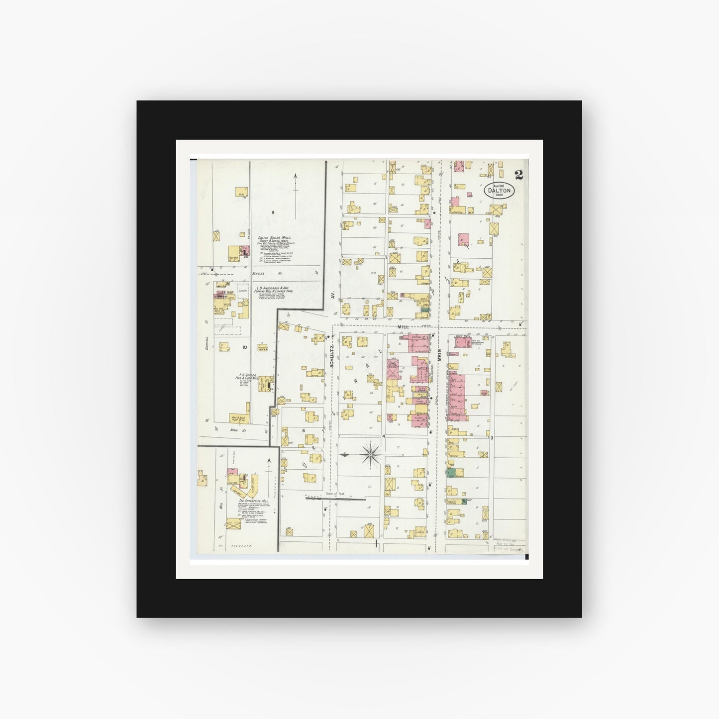 Old map wall art mockup — black gallery frame with white mat — Sanborn Fire Insurance Map from Dalton, Wayne County, Ohio (1901), Sheet #0002