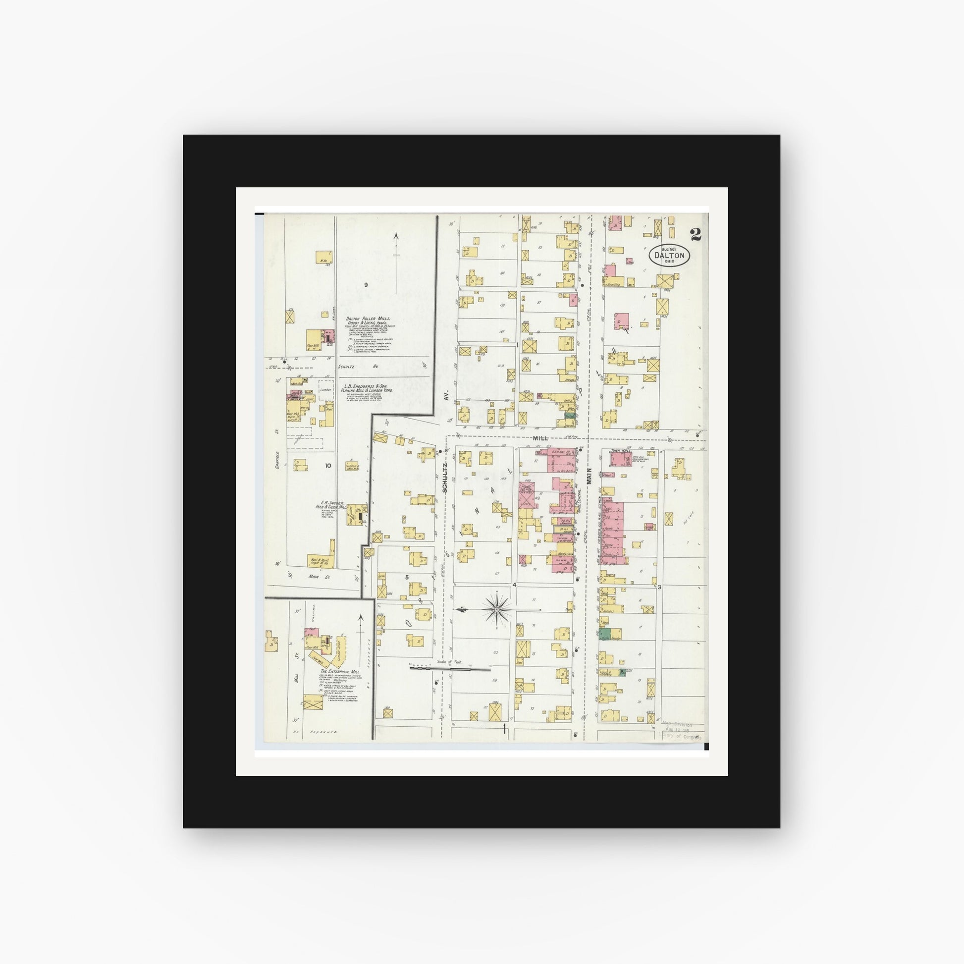 Old map wall art mockup — black gallery frame with white mat — Sanborn Fire Insurance Map from Dalton, Wayne County, Ohio (1901), Sheet #0002