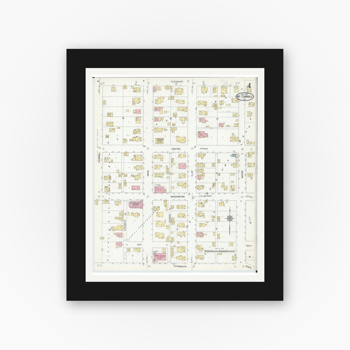 Old map wall art mockup — black gallery frame with white mat — Sanborn Fire Insurance Map from Mount Carroll, Carroll County, Illinois (1912), Sheet #0004