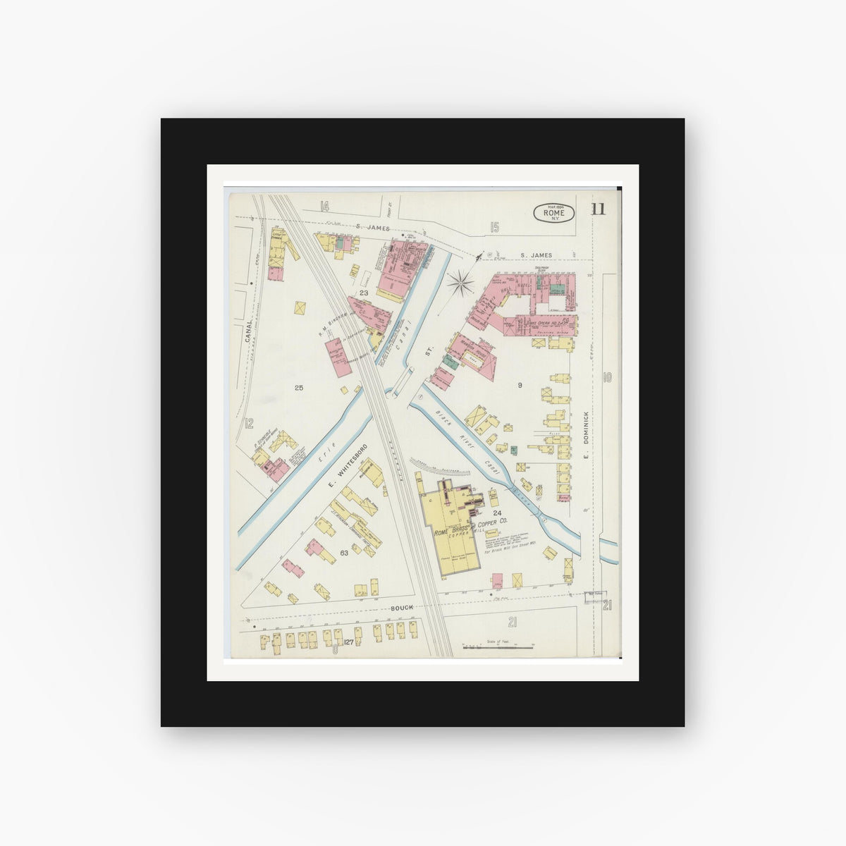 Old map wall art mockup — black gallery frame with white mat — Sanborn Fire Insurance Map from Rome, Oneida County, New York (1894), Sheet #0011