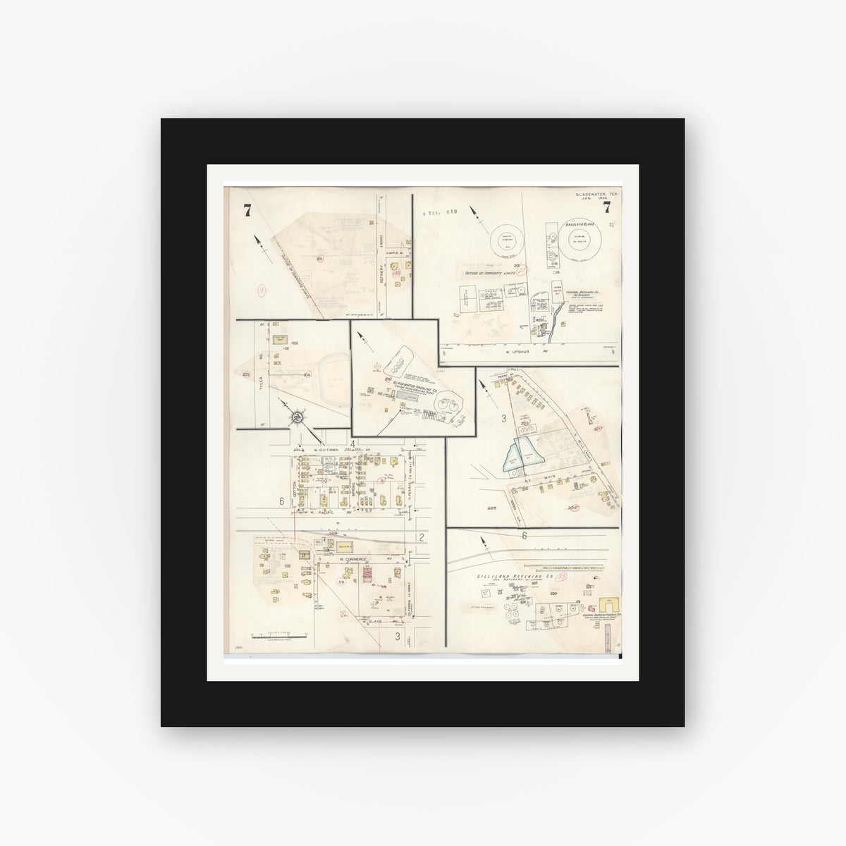 Old map wall art mockup — black gallery frame with white mat — Sanborn Fire Insurance Map from Gladewater, Gregg County, Texas (1938), Sheet #0007
