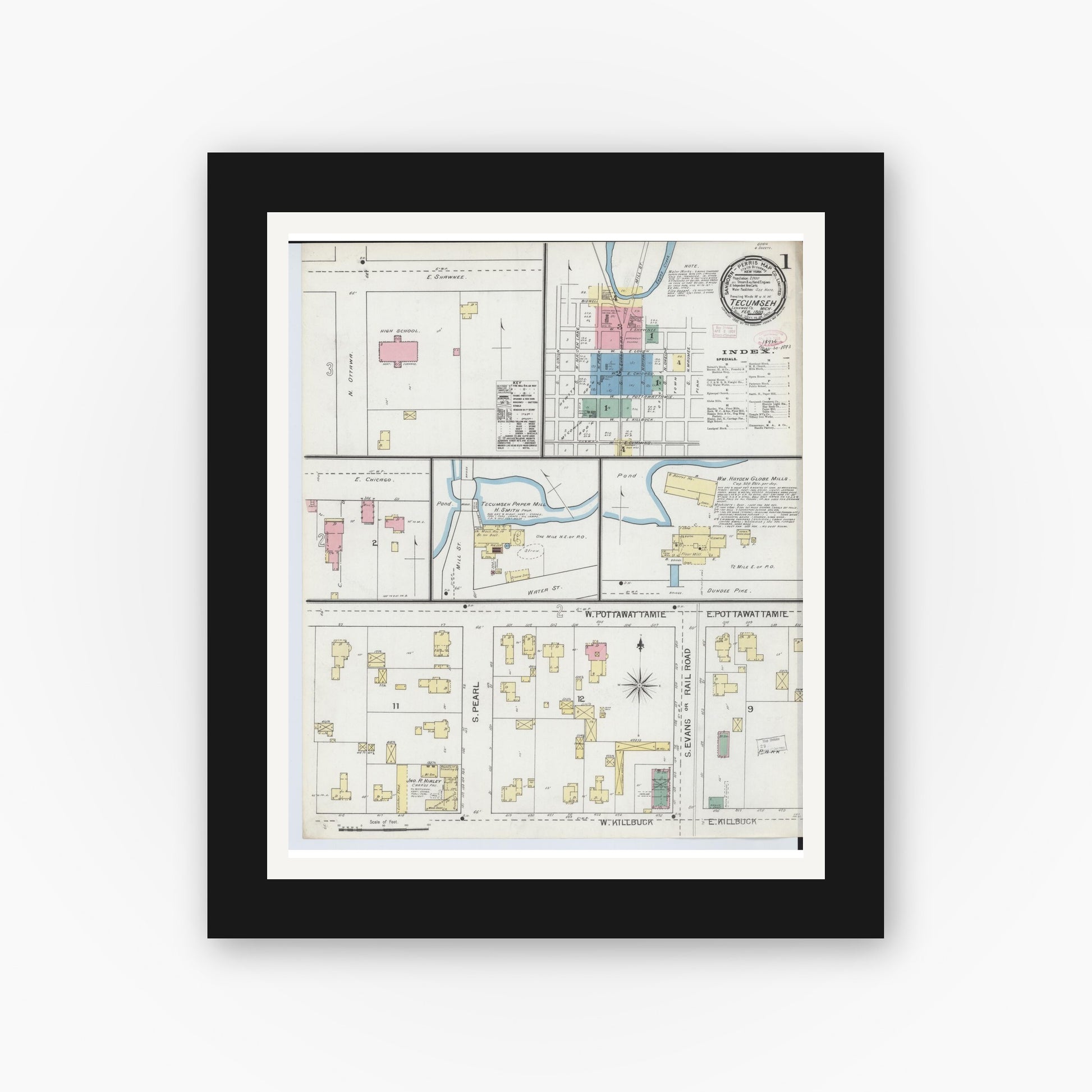 Old map wall art mockup — black gallery frame with white mat — Sanborn Fire Insurance Map from Tecumseh, Lenawee County, Michigan (1893) - Complete Map Set