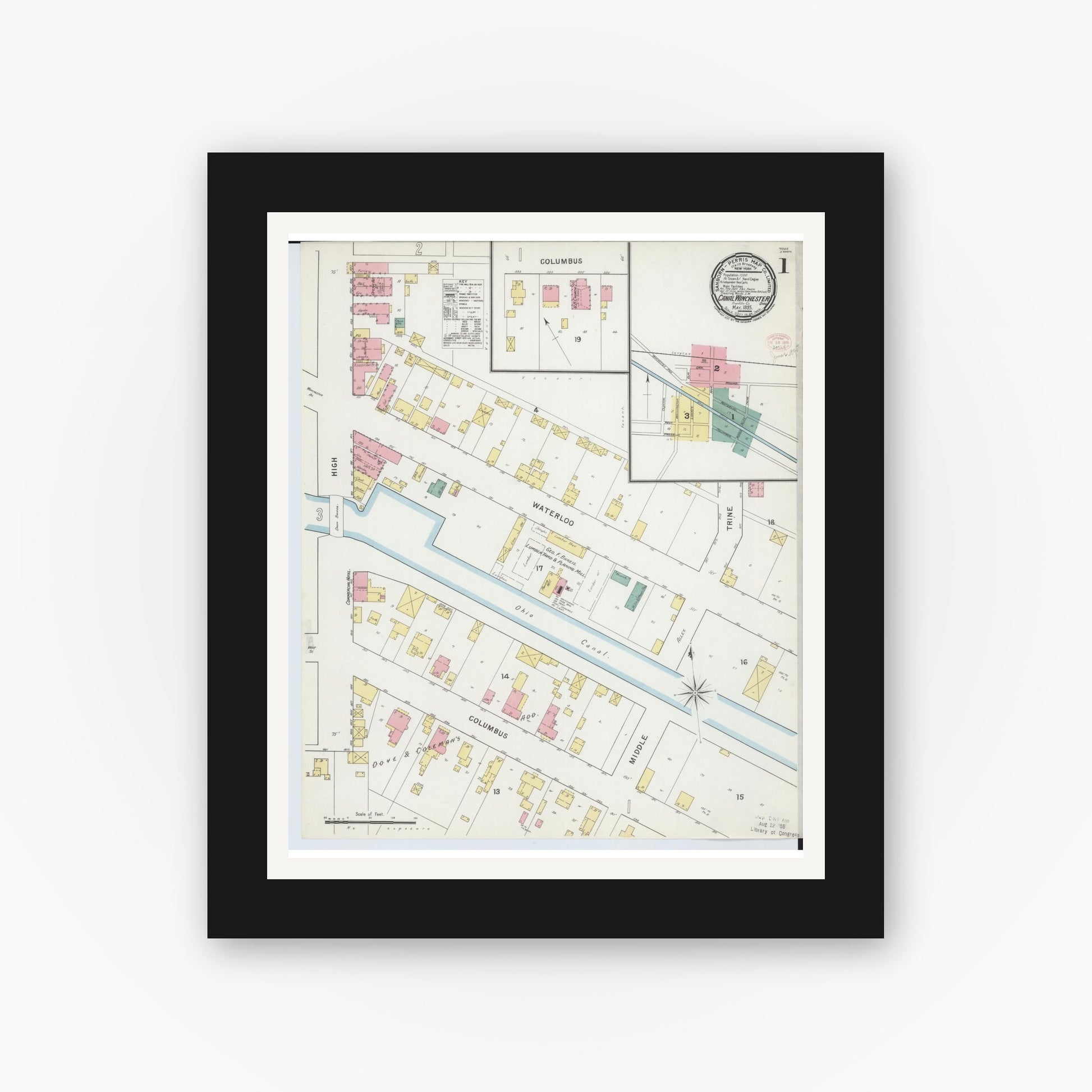 Old map wall art mockup — black gallery frame with white mat — Sanborn Fire Insurance Map from Canal Winchester, Franklin County, Ohio (1895), Sheet #0001