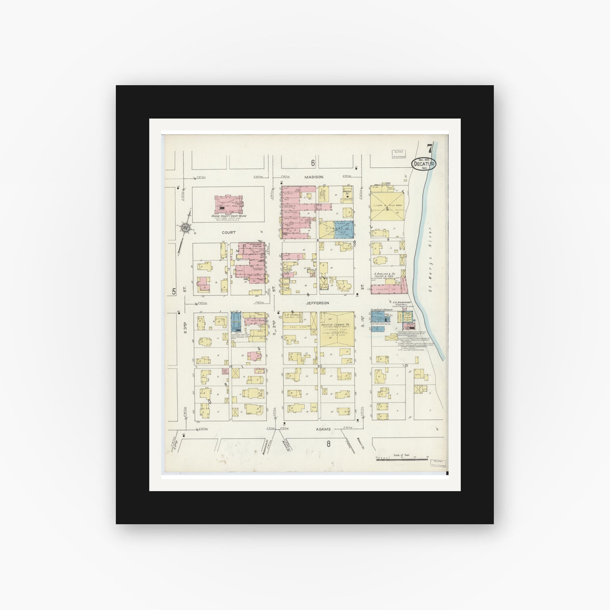Old map wall art mockup — black gallery frame with white mat — Sanborn Fire Insurance Map from Decatur, Adams County, Indiana (1914), Sheet #0007