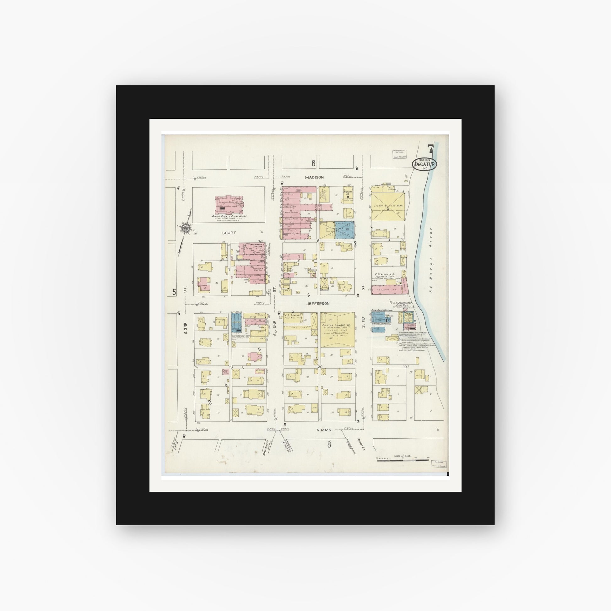 Old map wall art mockup — black gallery frame with white mat — Sanborn Fire Insurance Map from Decatur, Adams County, Indiana (1914), Sheet #0007