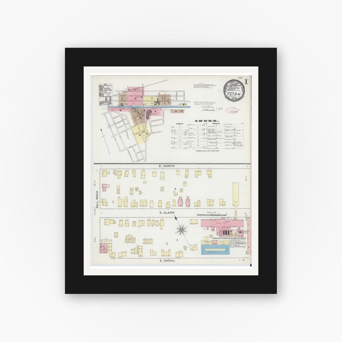 Old map wall art mockup — black gallery frame with white mat — Sanborn Fire Insurance Map from Ilion, Herkimer County, New York (1891) - Complete Map Set