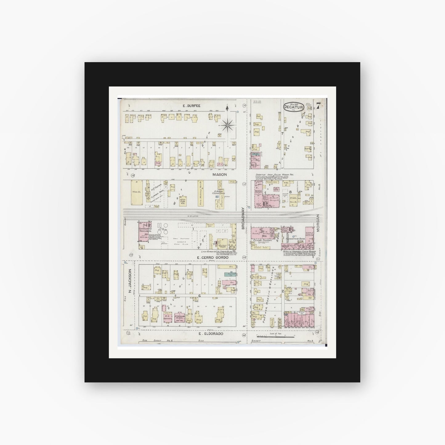 Old map wall art mockup — black gallery frame with white mat — Sanborn Fire Insurance Map from Decatur, Macon County, Illinois (1887), Sheet #0007