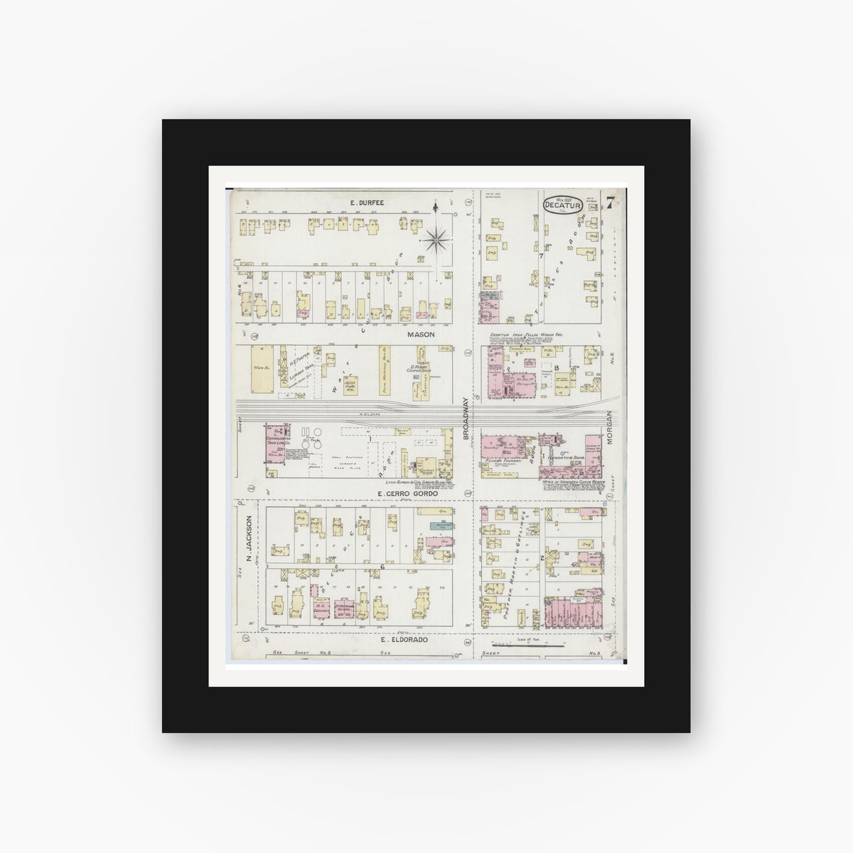 Old map wall art mockup — black gallery frame with white mat — Sanborn Fire Insurance Map from Decatur, Macon County, Illinois (1887), Sheet #0007