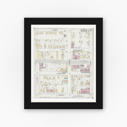 Old map wall art mockup — black gallery frame with white mat — Sanborn Fire Insurance Map from Decatur, Macon County, Illinois (1887), Sheet #0007