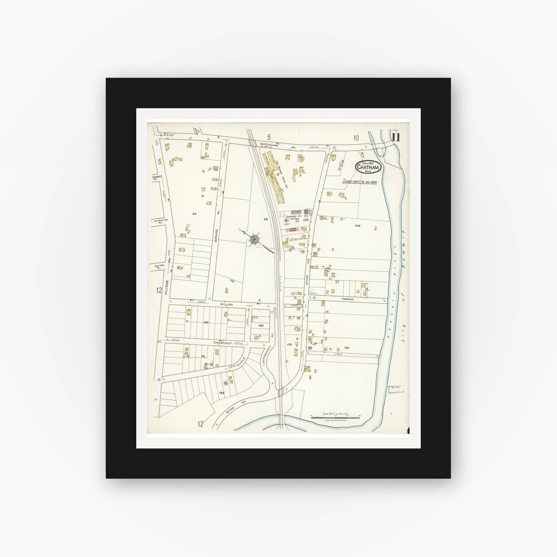 Old map wall art mockup — black gallery frame with white mat — Sanborn Fire Insurance Map from Chatham, Morris County, New Jersey (1921), Sheet #0011