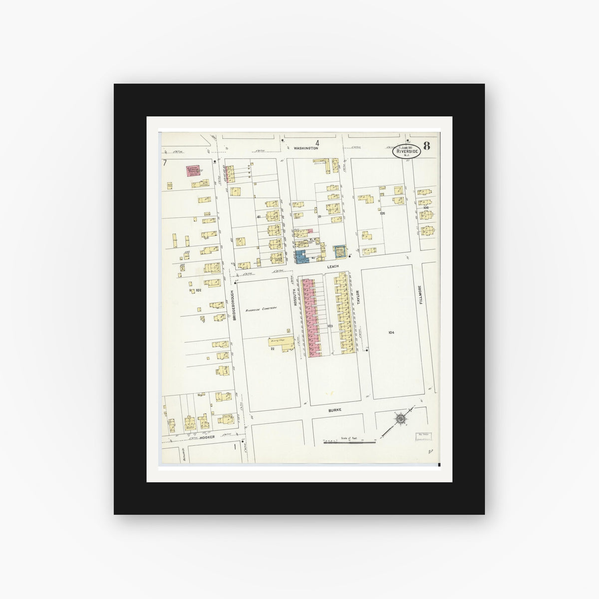 Old map wall art mockup — black gallery frame with white mat — Sanborn Fire Insurance Map from Riverside, Burlington County, New Jersey (1911), Sheet #0008