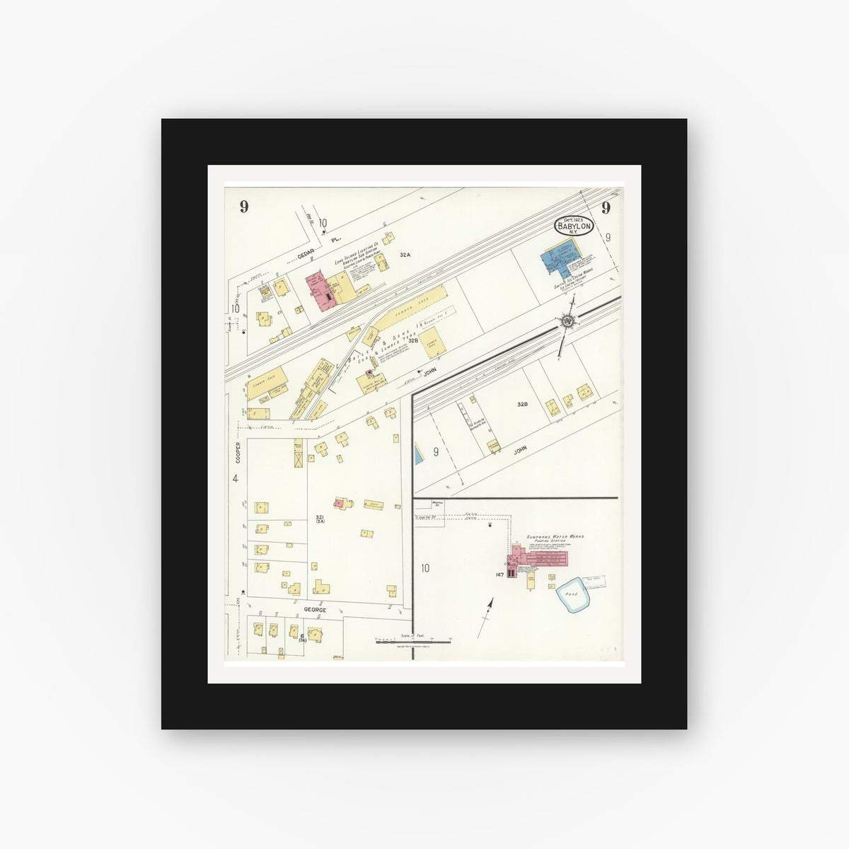Old map wall art mockup — black gallery frame with white mat — Sanborn Fire Insurance Map from Babylon, Suffolk County, New York (1923), Sheet #0009