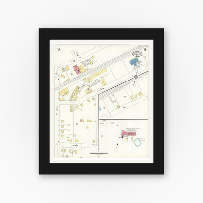 Old map wall art mockup — black gallery frame with white mat — Sanborn Fire Insurance Map from Babylon, Suffolk County, New York (1923), Sheet #0009