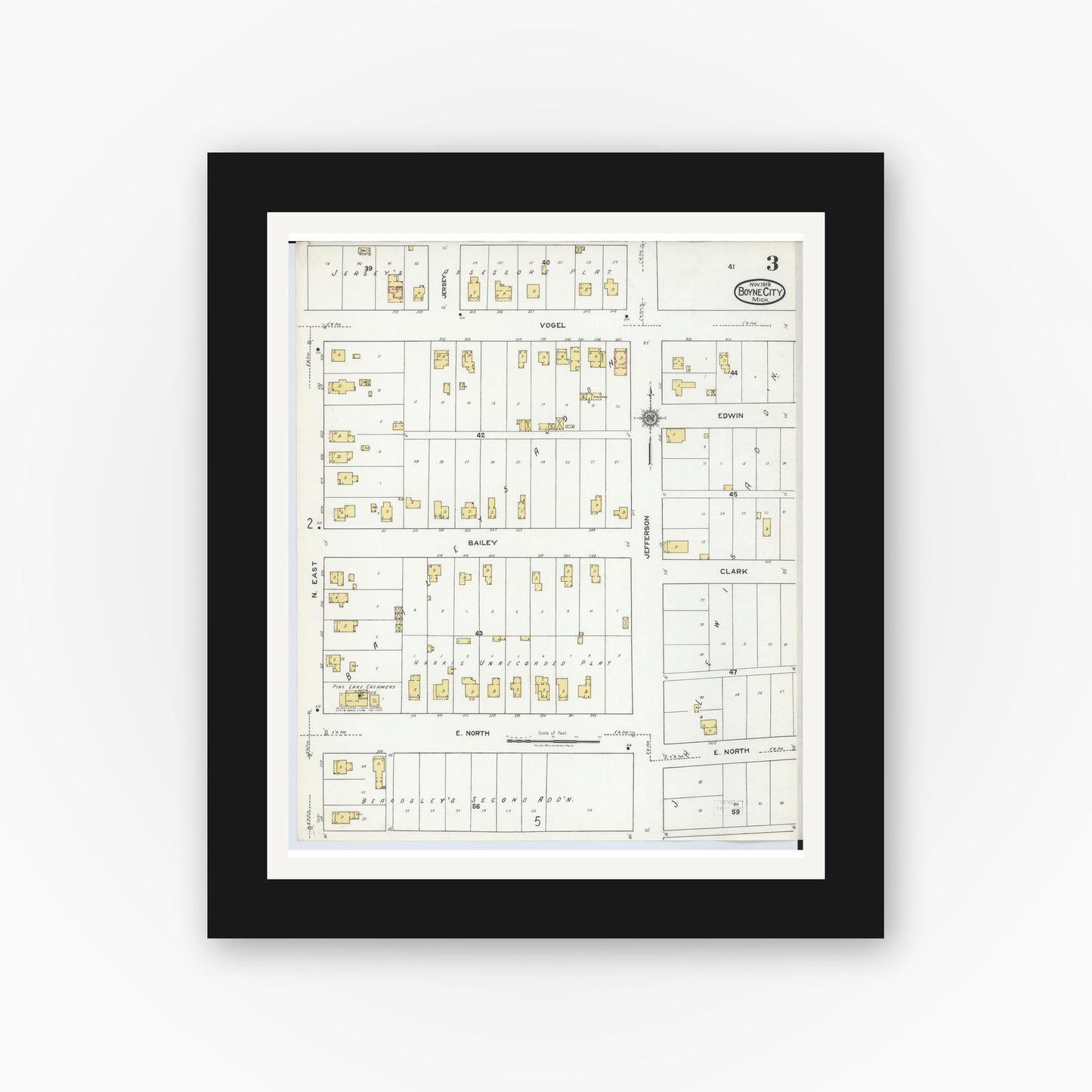 Old map wall art mockup — black gallery frame with white mat — Sanborn Fire Insurance Map from Boyne City, Charlevoix County, Michigan (1919), Sheet #0003