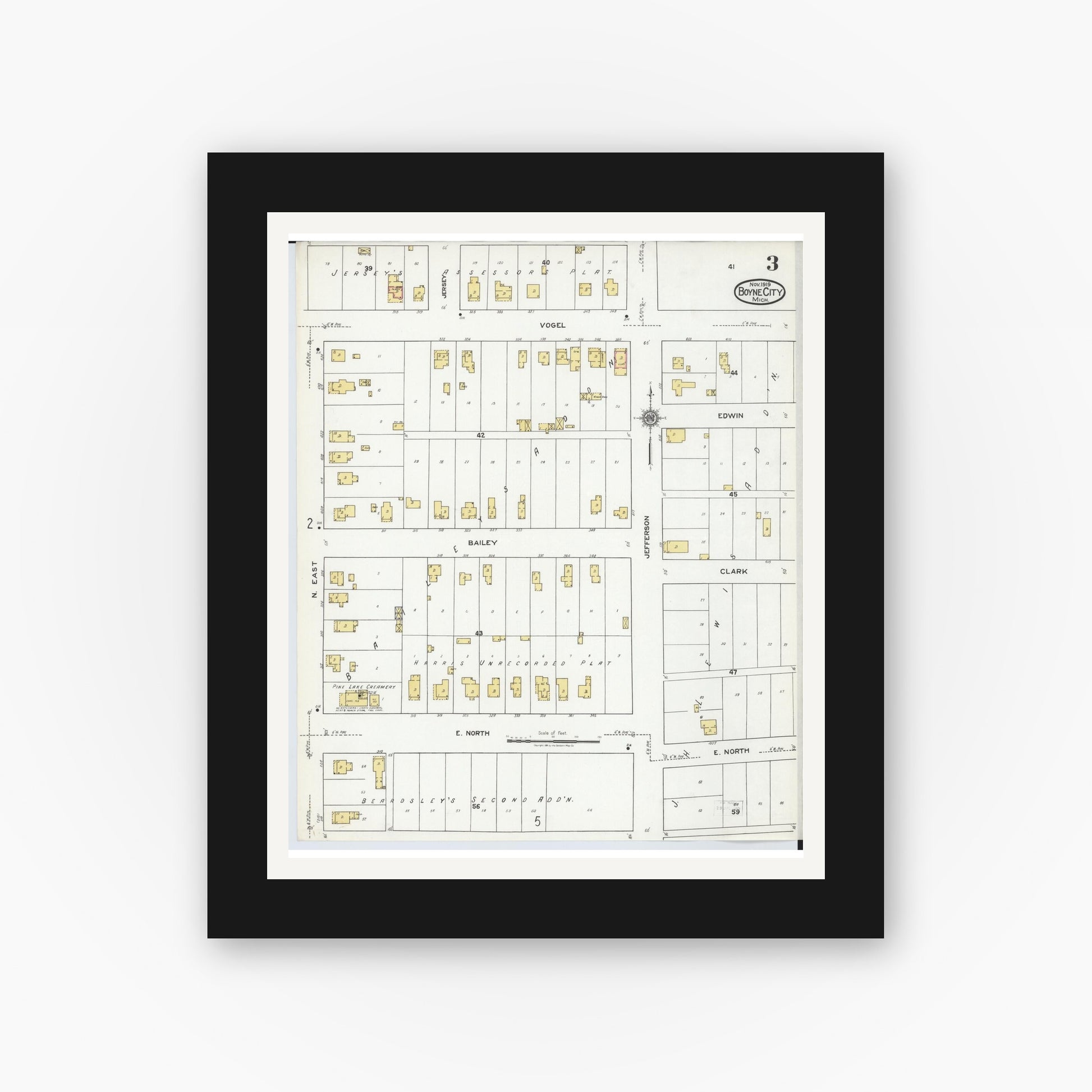 Old map wall art mockup — black gallery frame with white mat — Sanborn Fire Insurance Map from Boyne City, Charlevoix County, Michigan (1919), Sheet #0003