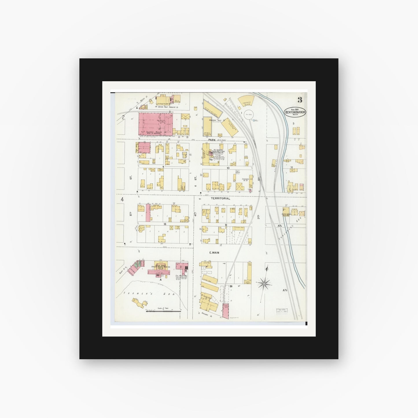 Old map wall art mockup — black gallery frame with white mat — Sanborn Fire Insurance Map from Benton Harbor, Berrien County, Michigan (1900), Sheet #0003