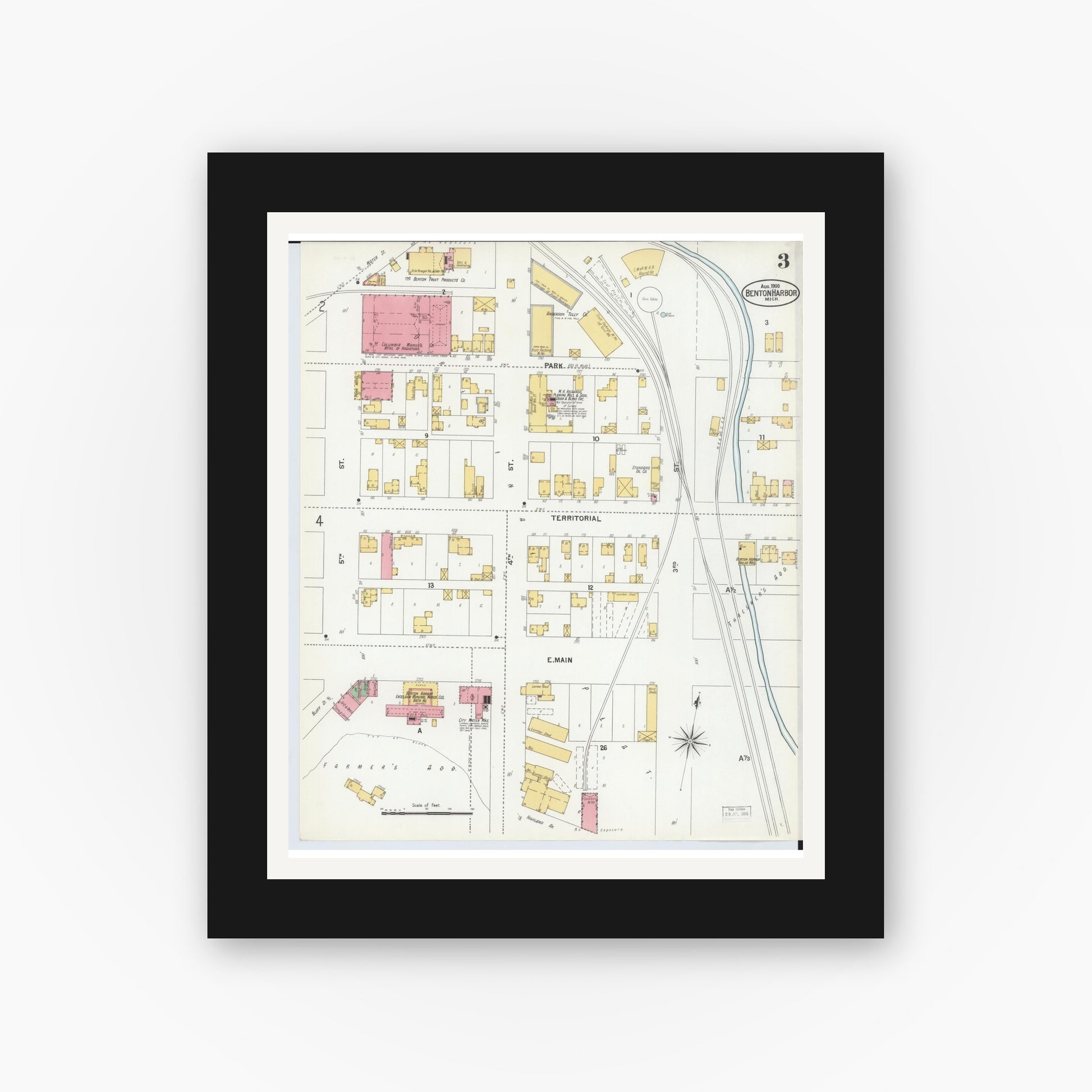 Old map wall art mockup — black gallery frame with white mat — Sanborn Fire Insurance Map from Benton Harbor, Berrien County, Michigan (1900), Sheet #0003
