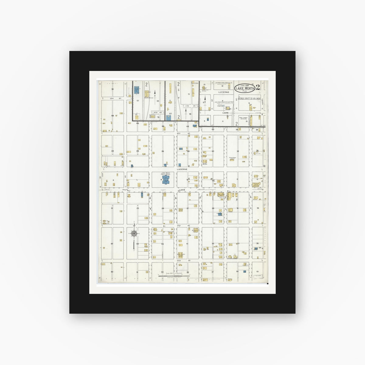 Old map wall art mockup — black gallery frame with white mat — Sanborn Fire Insurance Map from Lake Worth, Palm Beach County, Florida (1918), Sheet #0002