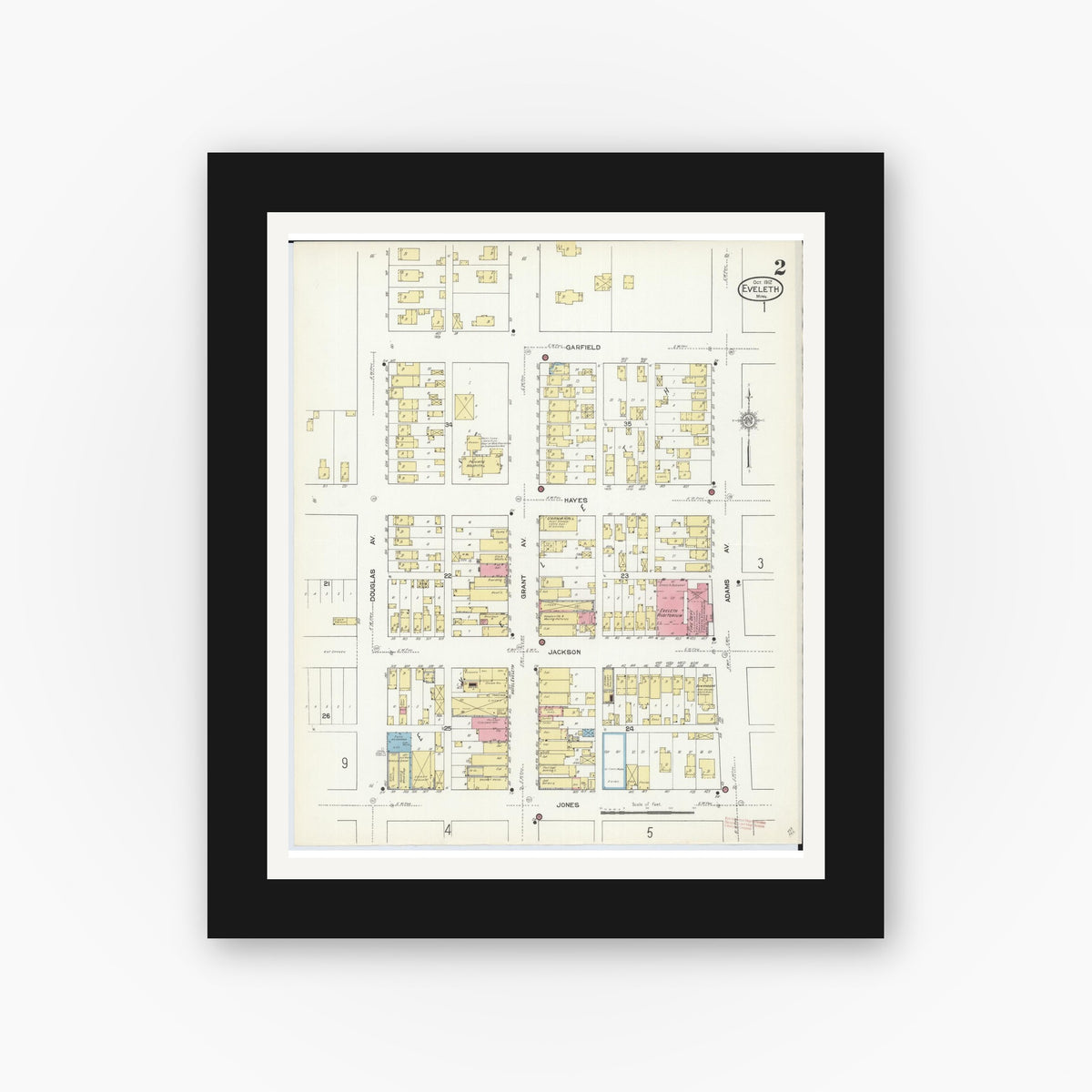 Old map wall art mockup — black gallery frame with white mat — Sanborn Fire Insurance Map from Eveleth, Saint Louis County, Minnesota (1912), Sheet #0002
