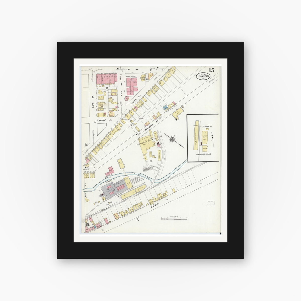 Old map wall art mockup — black gallery frame with white mat — Sanborn Fire Insurance Map from Jeannette, Westmoreland County, Pennsylvania (1910), Sheet #0015