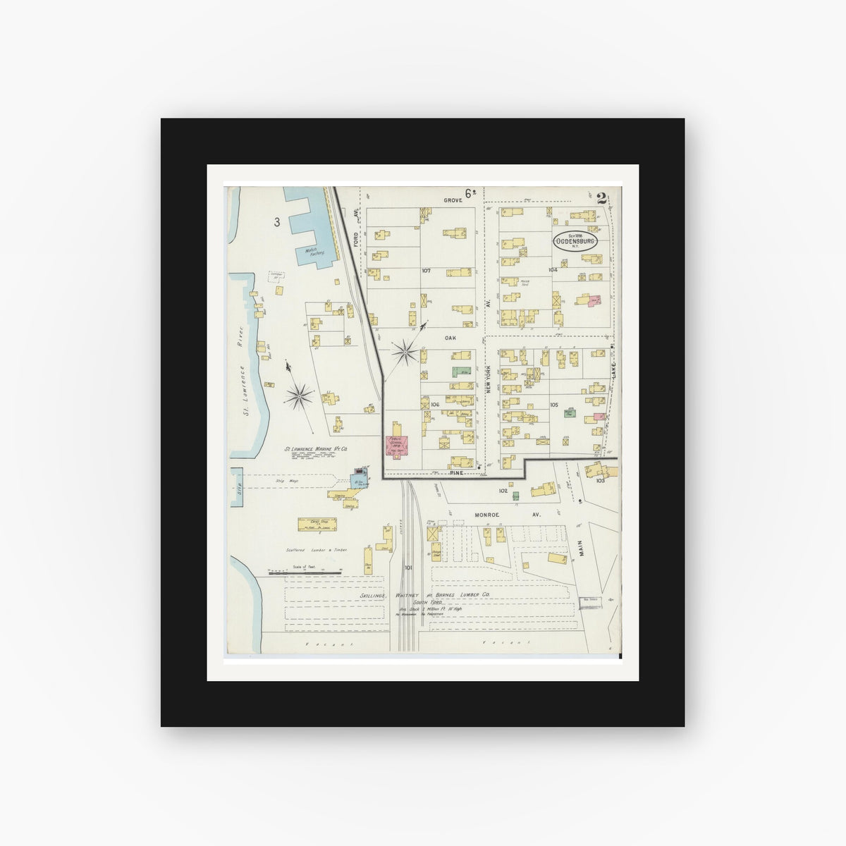 Old map wall art mockup — black gallery frame with white mat — Sanborn Fire Insurance Map from Ogdensburg, St. Lawrence County, New York (1898) - Complete Map Set
