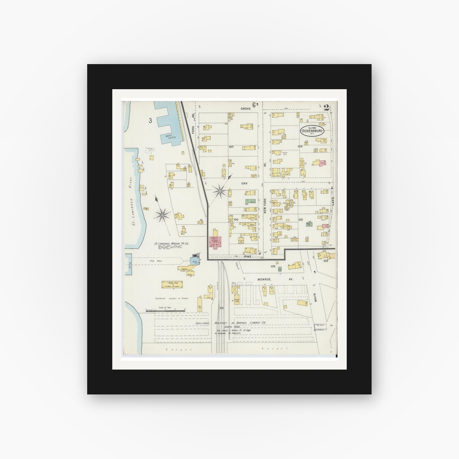 Old map wall art mockup — black gallery frame with white mat — Sanborn Fire Insurance Map from Ogdensburg, St. Lawrence County, New York (1898) - Complete Map Set
