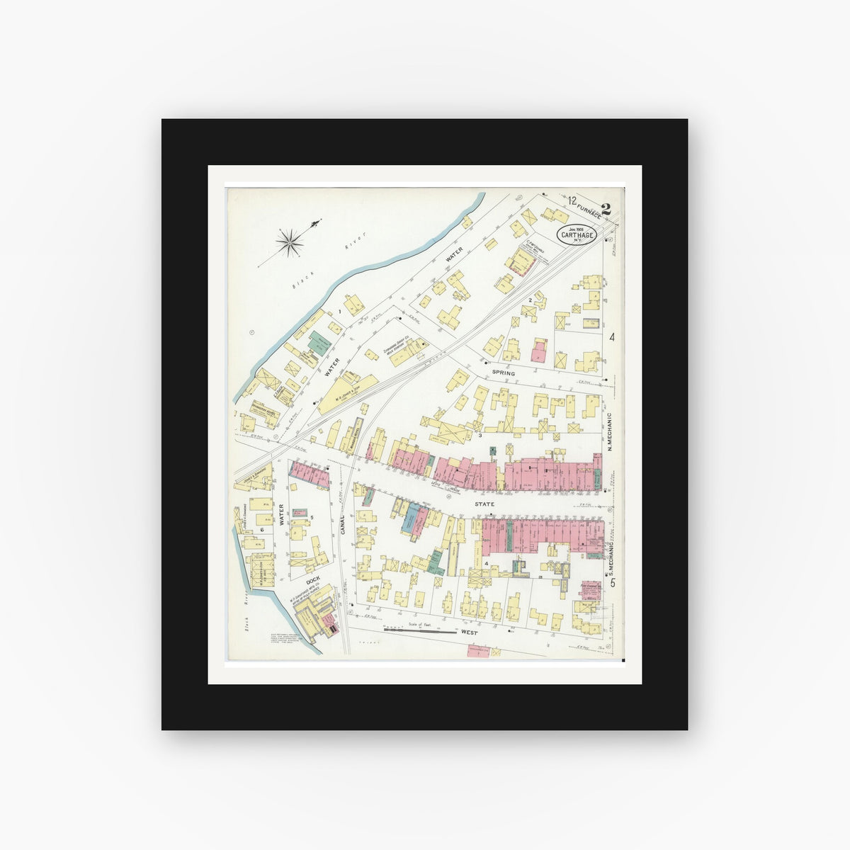 Old map wall art mockup — black gallery frame with white mat — Sanborn Fire Insurance Map from Carthage, Jefferson County, New York (1908), Sheet #0002