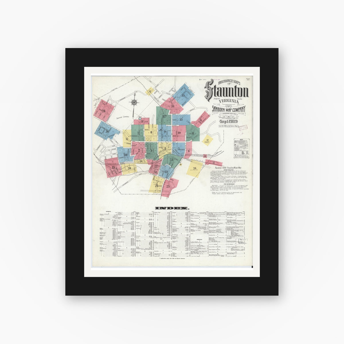 Old map wall art mockup — black gallery frame with white mat — Sanborn Fire Insurance Map from Staunton, Independent Cities, Virginia (1909), Sheet #0001