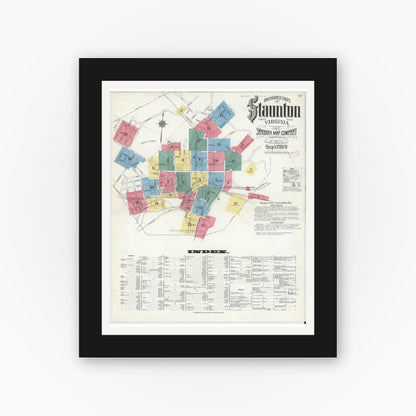 Old map wall art mockup — black gallery frame with white mat — Sanborn Fire Insurance Map from Staunton, Independent Cities, Virginia (1909), Sheet #0001