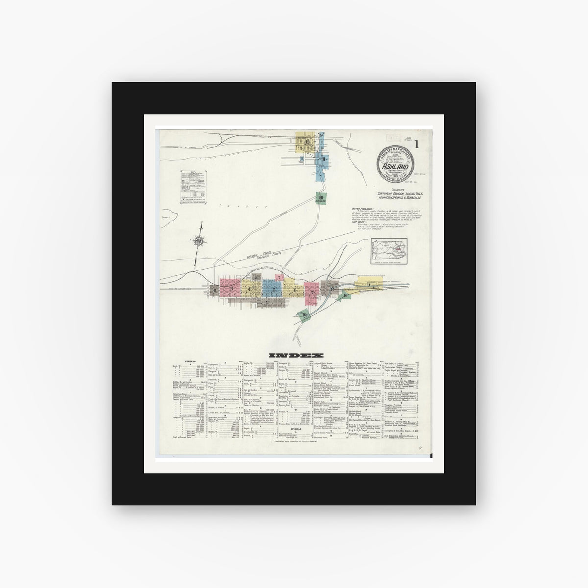 Old map wall art mockup — black gallery frame with white mat — Sanborn Fire Insurance Map from Ashland, Schuylkill County, Pennsylvania (1913), Sheet #0001