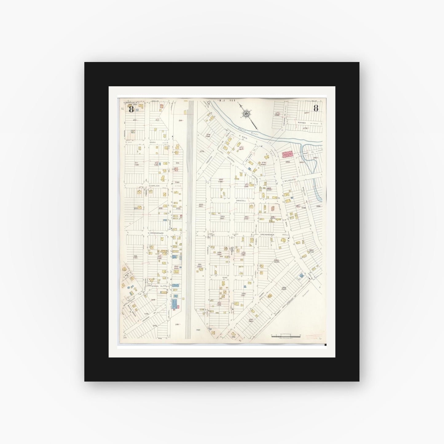 Old map wall art mockup — black gallery frame with white mat — Sanborn Fire Insurance Map from Manville, Somerset County, New Jersey (1949), Sheet #0008