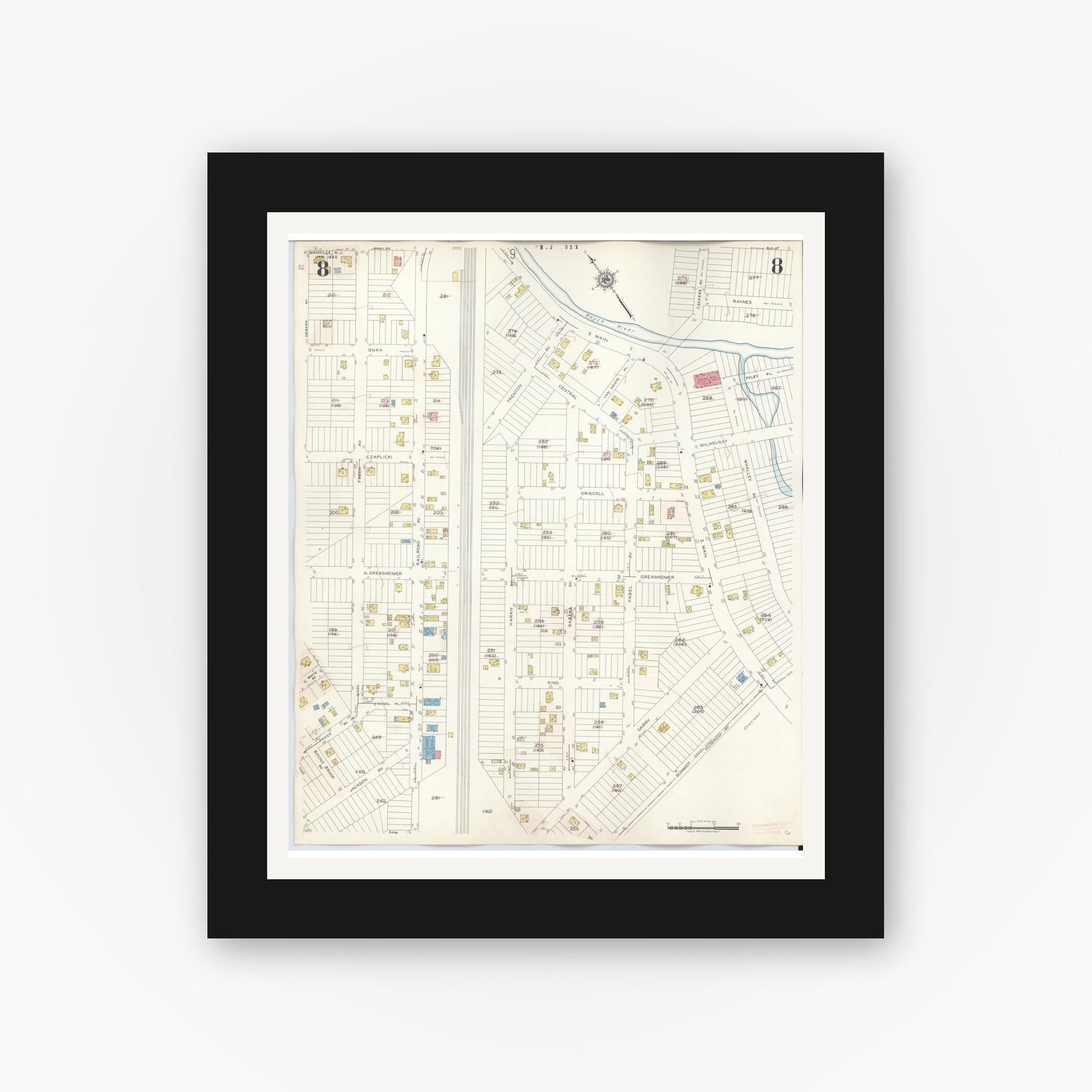 Old map wall art mockup — black gallery frame with white mat — Sanborn Fire Insurance Map from Manville, Somerset County, New Jersey (1949), Sheet #0008