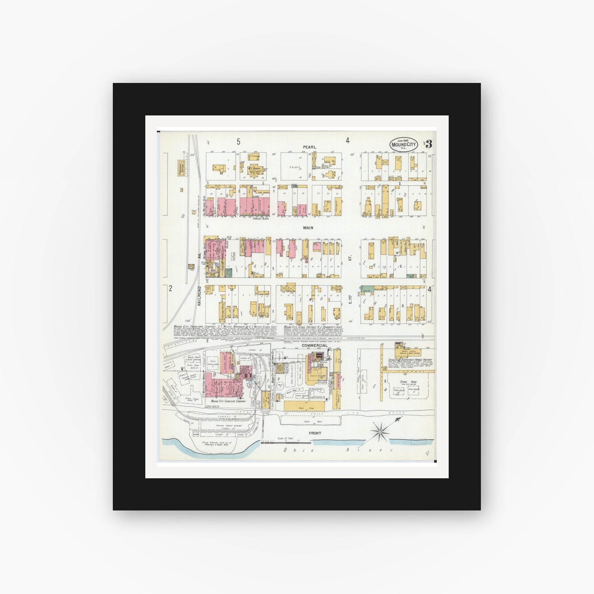 Old map wall art mockup — black gallery frame with white mat — Sanborn Fire Insurance Map from Mound City, Pulaski County, Illinois (1900), Sheet #0003
