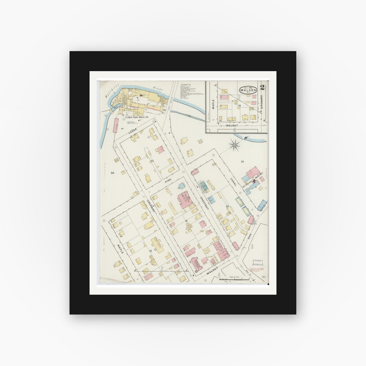 Old map wall art mockup — black gallery frame with white mat — Sanborn Fire Insurance Map from Walden, Orange County, New York (1894), Sheet #0002