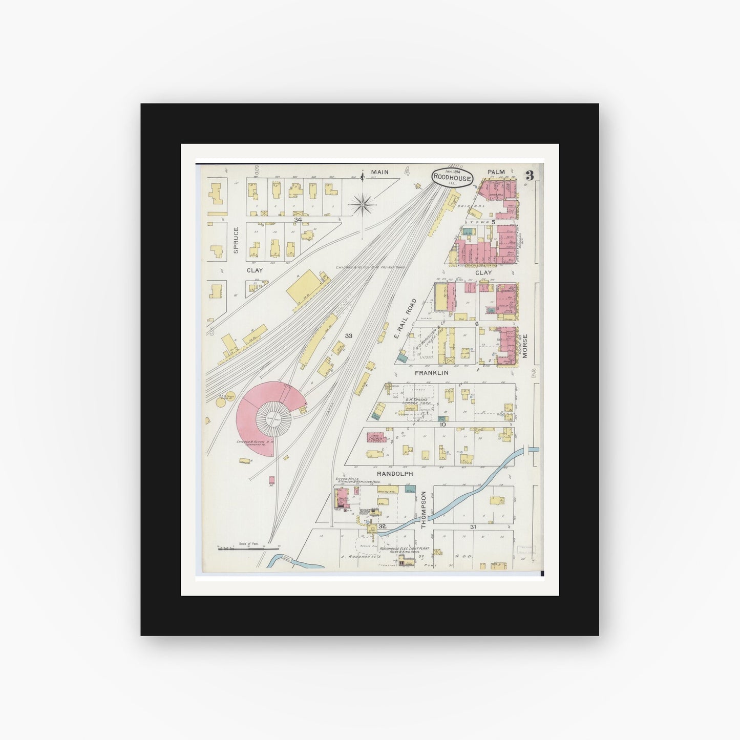 Old map wall art mockup — black gallery frame with white mat — Sanborn Fire Insurance Map from Roodhouse, Greene County, Illinois (1894), Sheet #0003